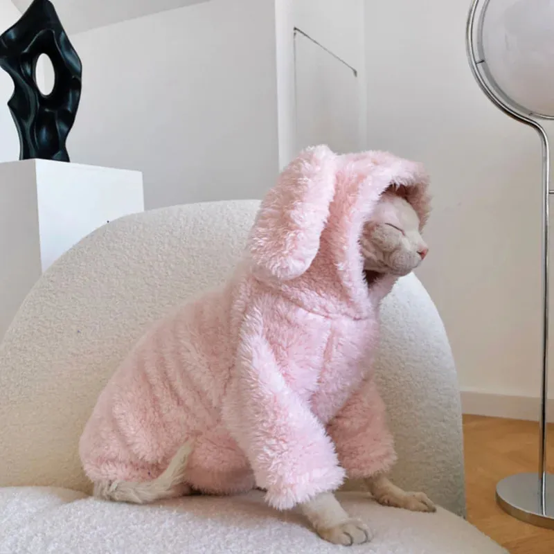 Winter Sphynx Hairless Cat Clothes | Cute Pink Rabbit Soft Cotton Flannel Coat for Sphynx & Devon Rex