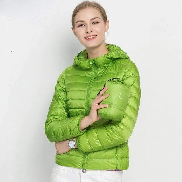 Winter Women Ultra Light Down Jacket 90% Duck Down Hooded Jackets Long Sleeve Warm Slim Coat Parka Female Solid Portabl Outwear (US 6-20W)