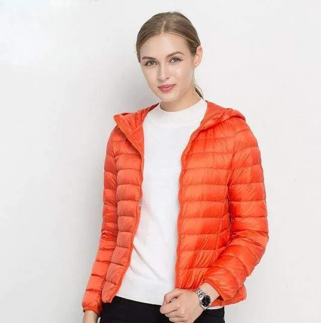 Winter Women Ultra Light Down Jacket 90% Duck Down Hooded Jackets Long Sleeve Warm Slim Coat Parka Female Solid Portabl Outwear (US 6-20W)