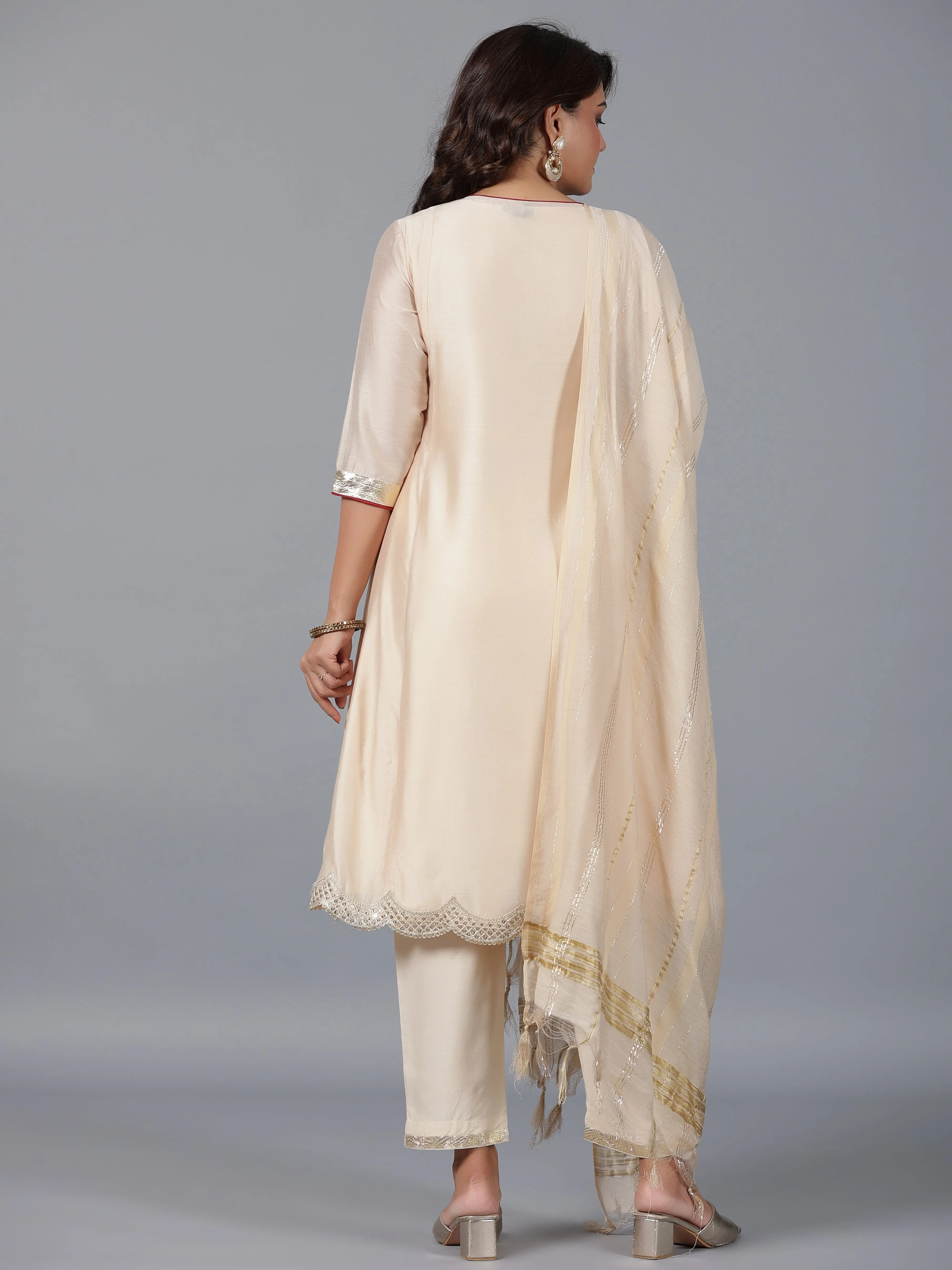 Women Beige Chanderi Embroidered Kurta, Pants & Dupatta Set