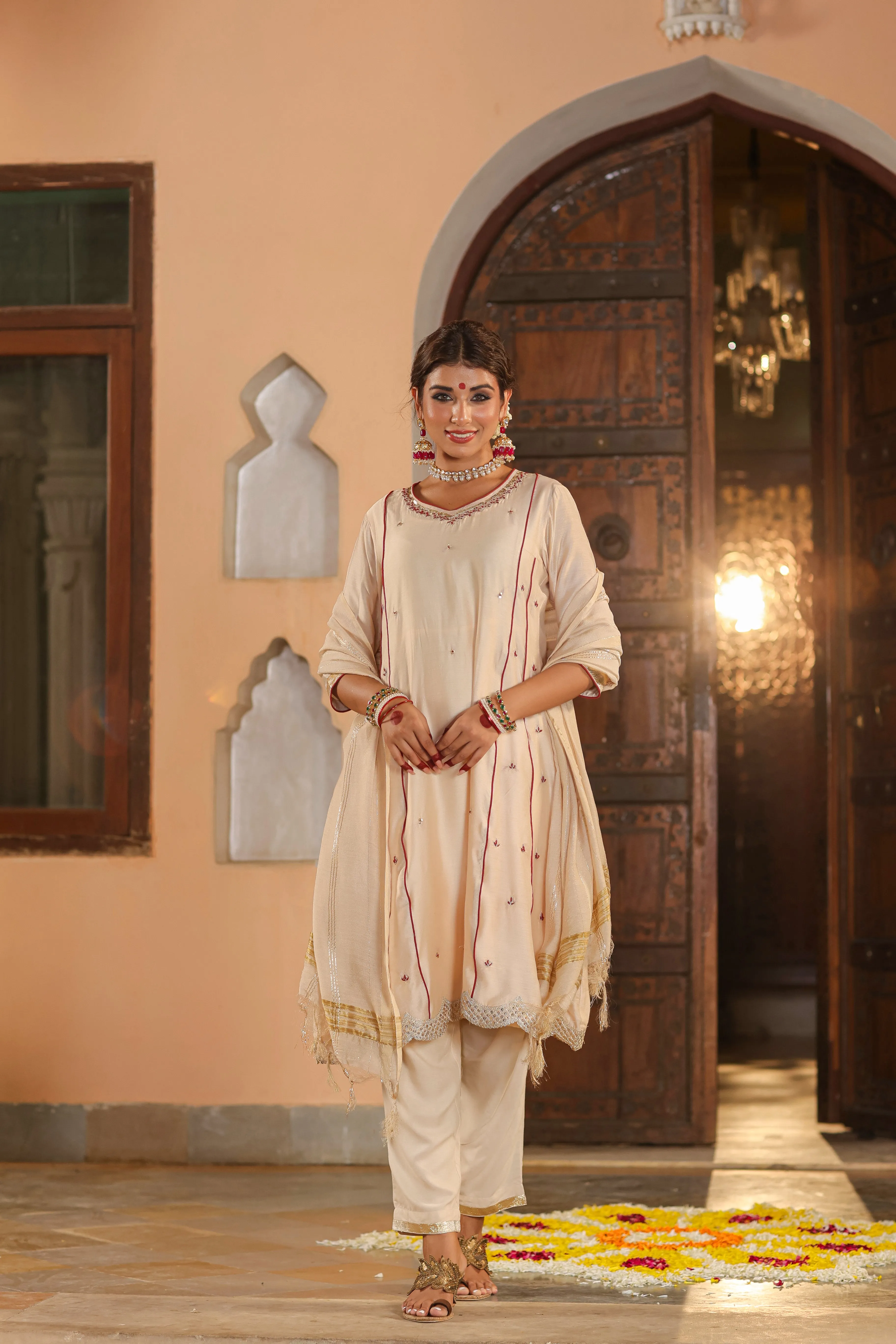 Women Beige Chanderi Embroidered Kurta, Pants & Dupatta Set