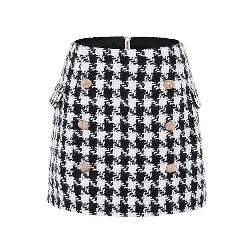 Women Black Houndstooth Check Shorts Gold-tone Mini Tweed Shorts