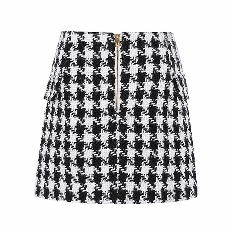 Women Black Houndstooth Check Shorts Gold-tone Mini Tweed Shorts