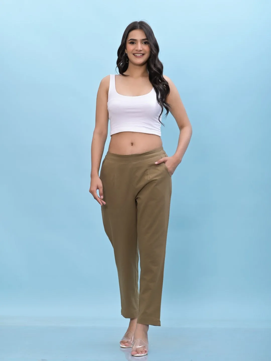 Women Brown Solid Cotton Pants With Partially Elasticated Waistband And Two Side Pockets