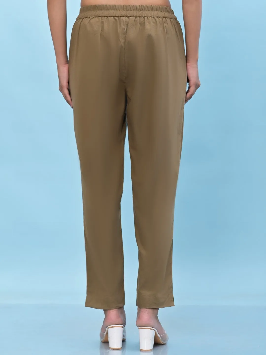 Women Brown Solid Cotton Pants With Partially Elasticated Waistband And Two Side Pockets