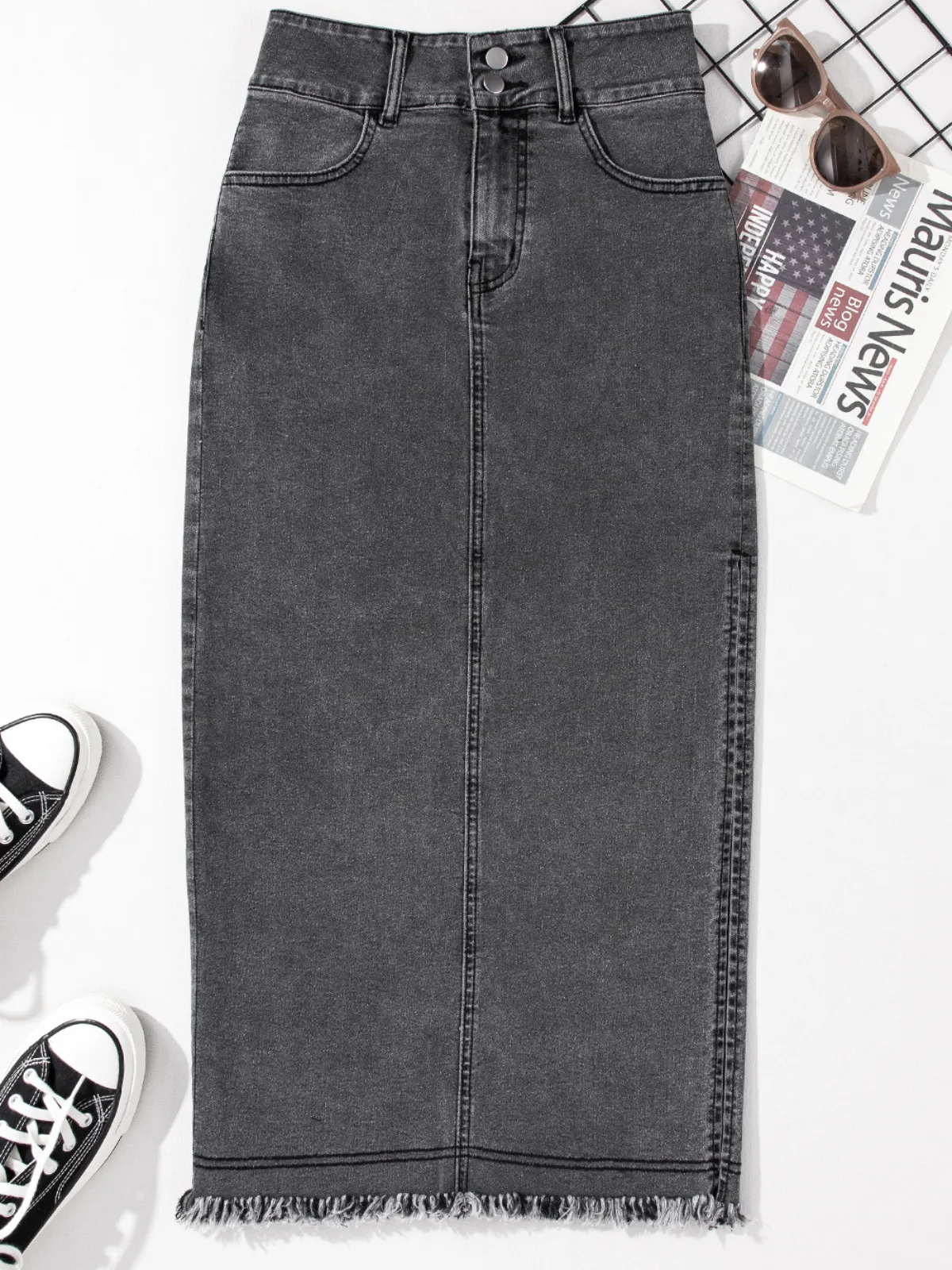 Womens Black Raw Edge Side Slits Buttoned Midi Denim Skirt