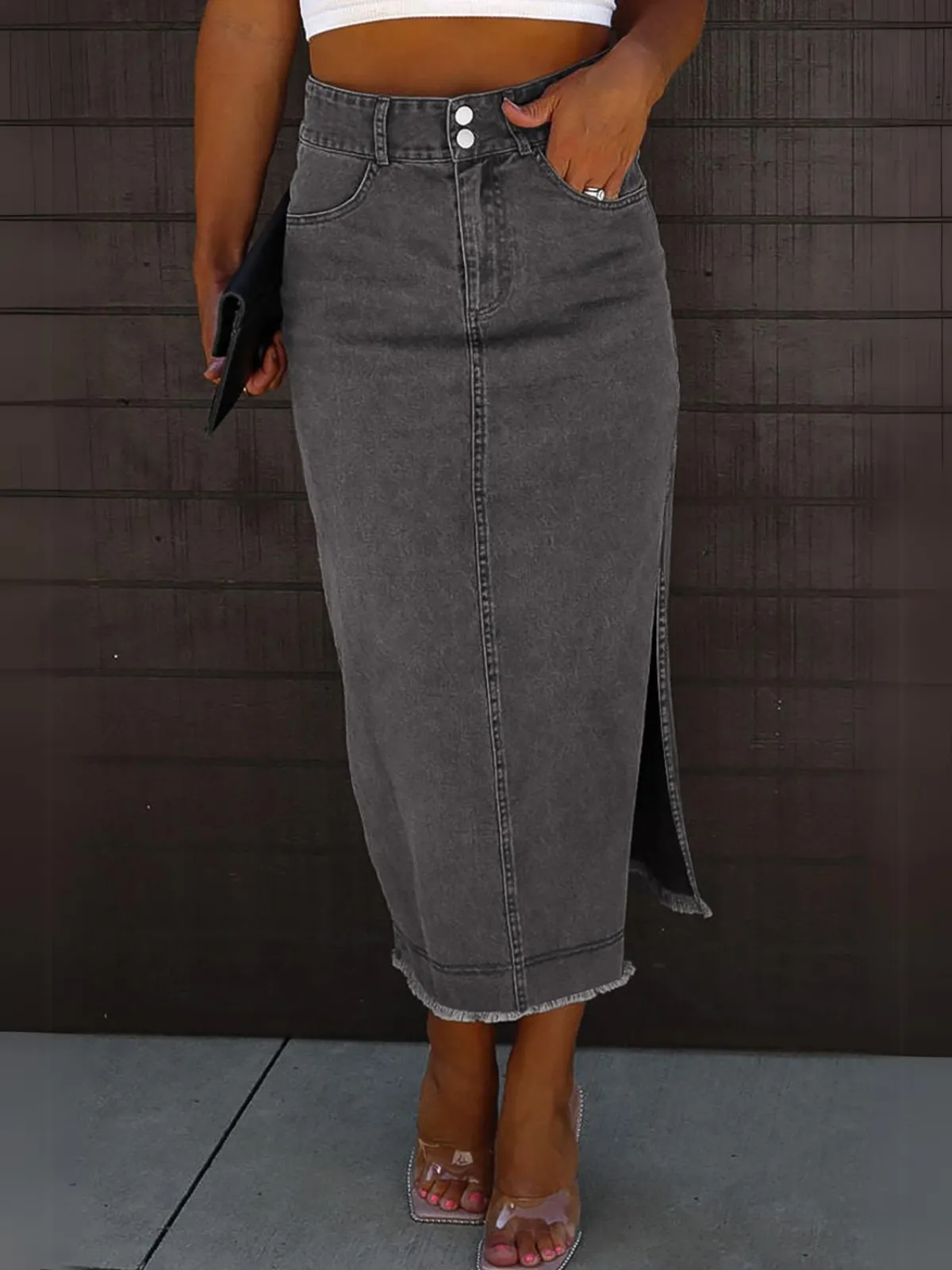 Womens Black Raw Edge Side Slits Buttoned Midi Denim Skirt