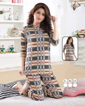 Women's Cotton Printed Brown Nightsuit Long Top Pajama Set