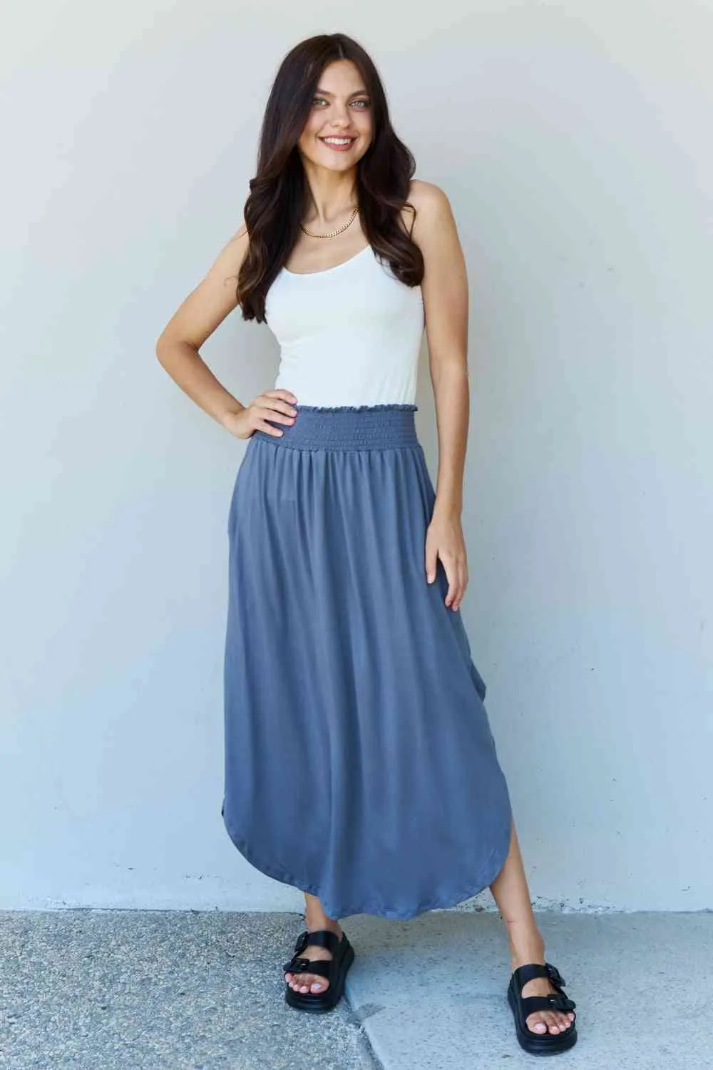 Women's Doublju Comfort Princess Full Size High Waist Scoop Hem Maxi Skirt in Dusty Blue