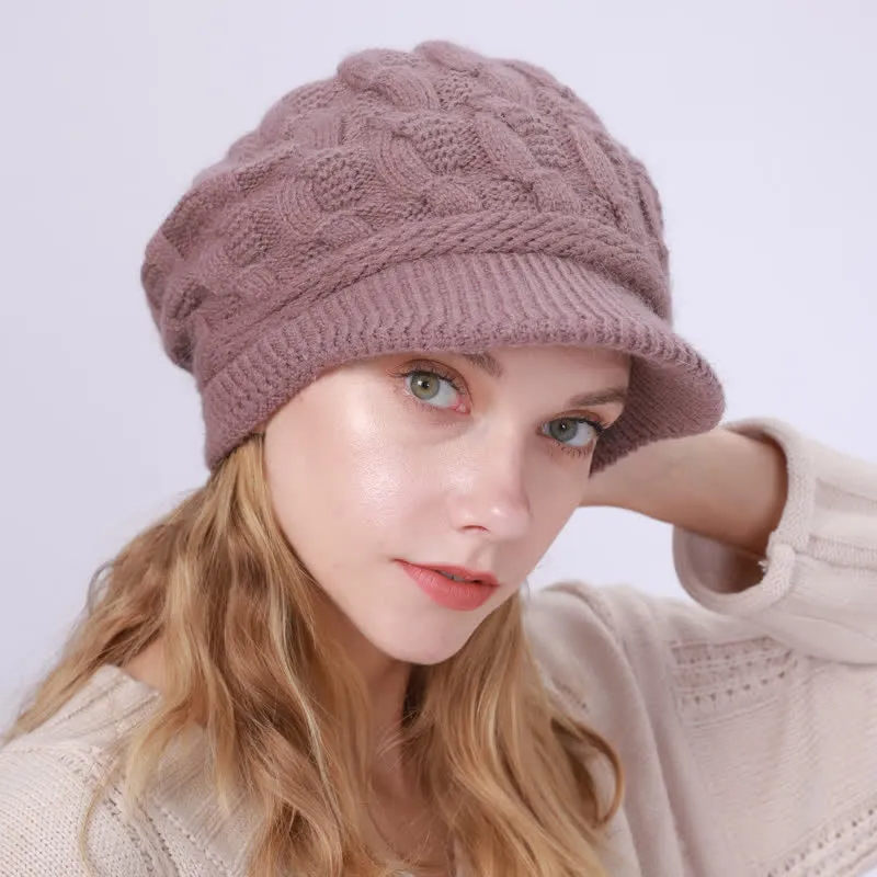 Women's Slouchy Fluffy Lining Visor Beanie Hat