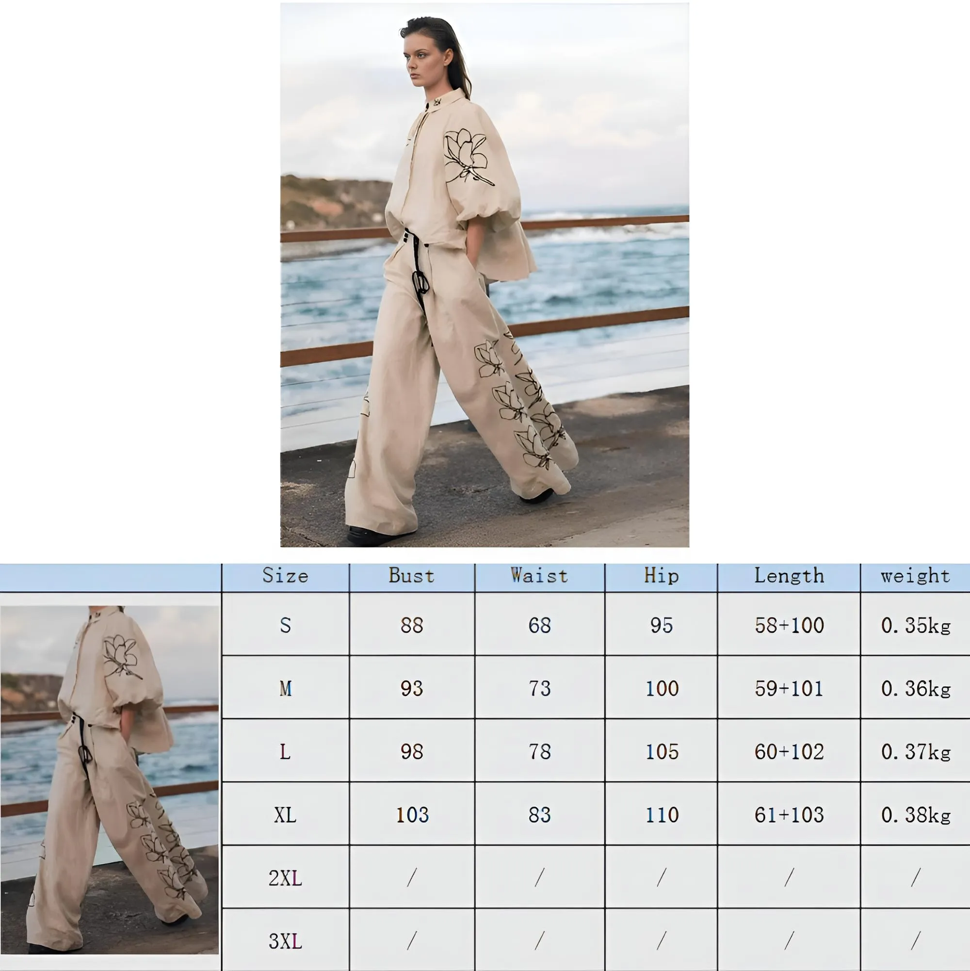 Women's Trendy Set Vintage Cotton Linen Stand Collar Lantern Sleeve Loose Flower Tops Wide Leg Oversize Pants High Fashion Clothes