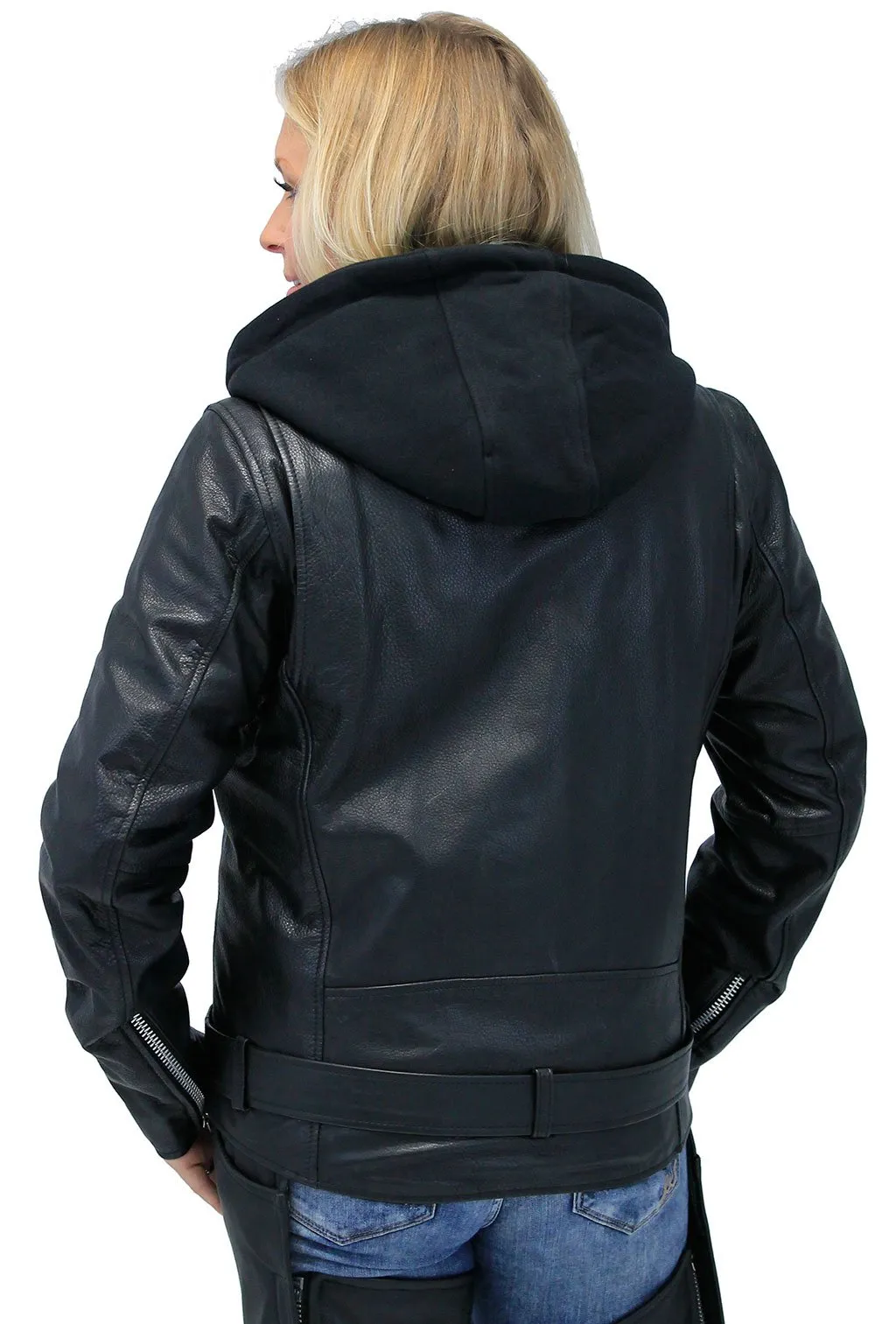 Women's Ultra Premium Leather Motorcycle Jacket with Hoodie #L185NHGK