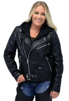 Women's Ultra Premium Leather Motorcycle Jacket with Hoodie #L185NHGK