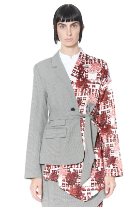 Wool and Silk Printed Red Kimono Style Asymmetric Blazer