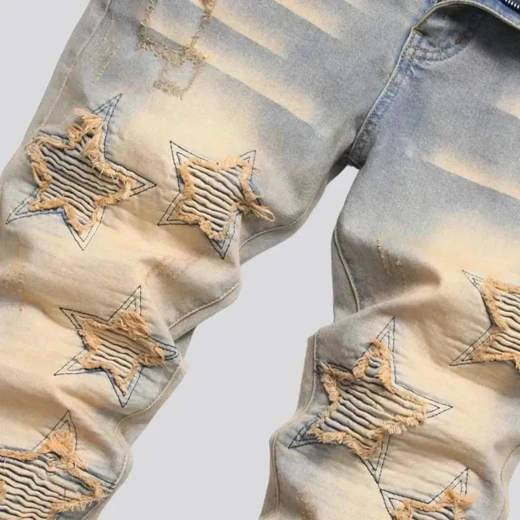 Yellow-cast stars-embroidery jeans for men