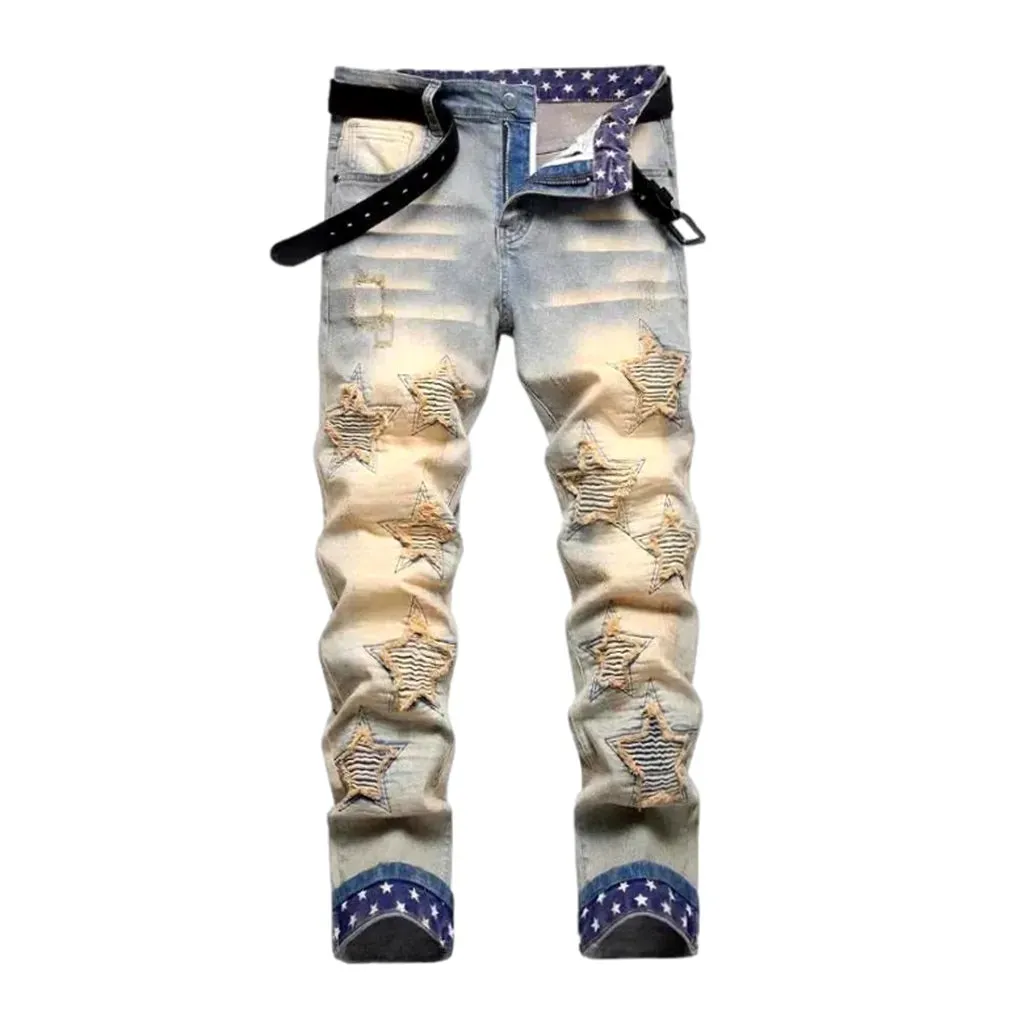 Yellow-cast stars-embroidery jeans for men