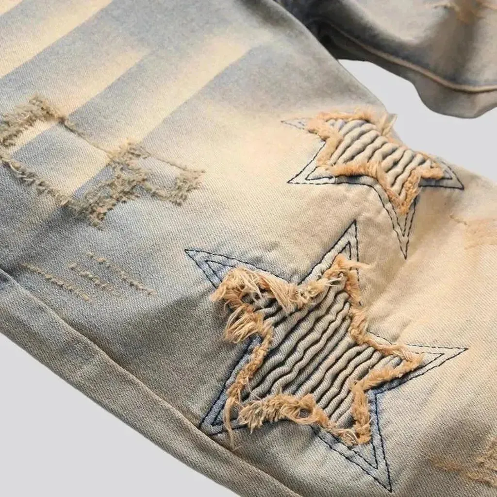 Yellow-cast stars-embroidery jeans for men