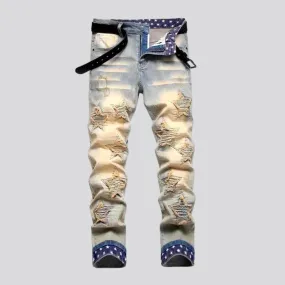 Yellow-cast stars-embroidery jeans for men