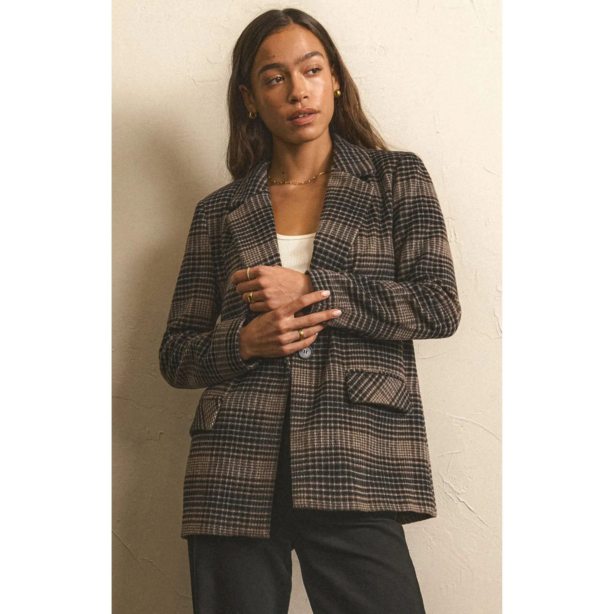 Z Supply Kingston Relaxed Plaid Blazer in Latte