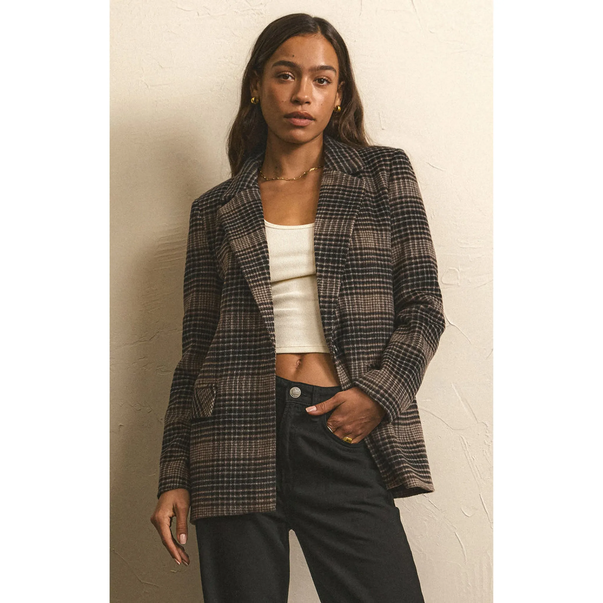 Z Supply Kingston Relaxed Plaid Blazer in Latte