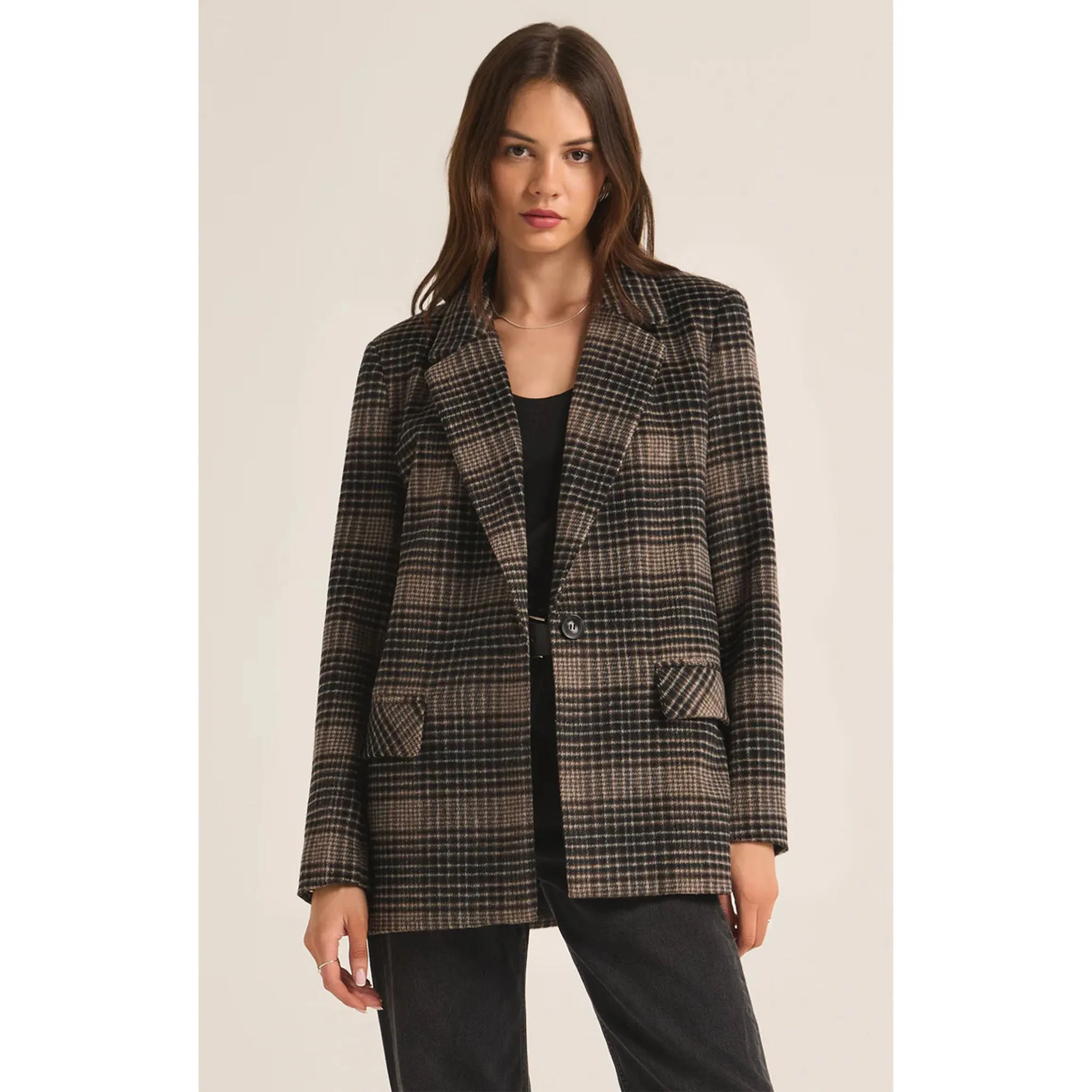 Z Supply Kingston Relaxed Plaid Blazer in Latte