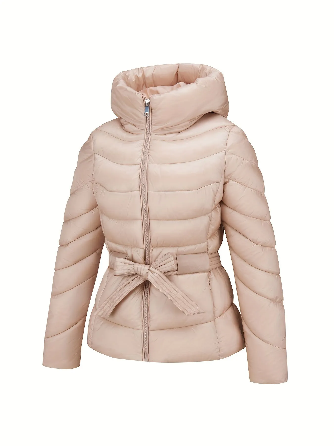 Zip-up Stand Collar Puffy Coat, Casual Long Sleeve Belted Insulated Coat For Winter, Women's Clothing