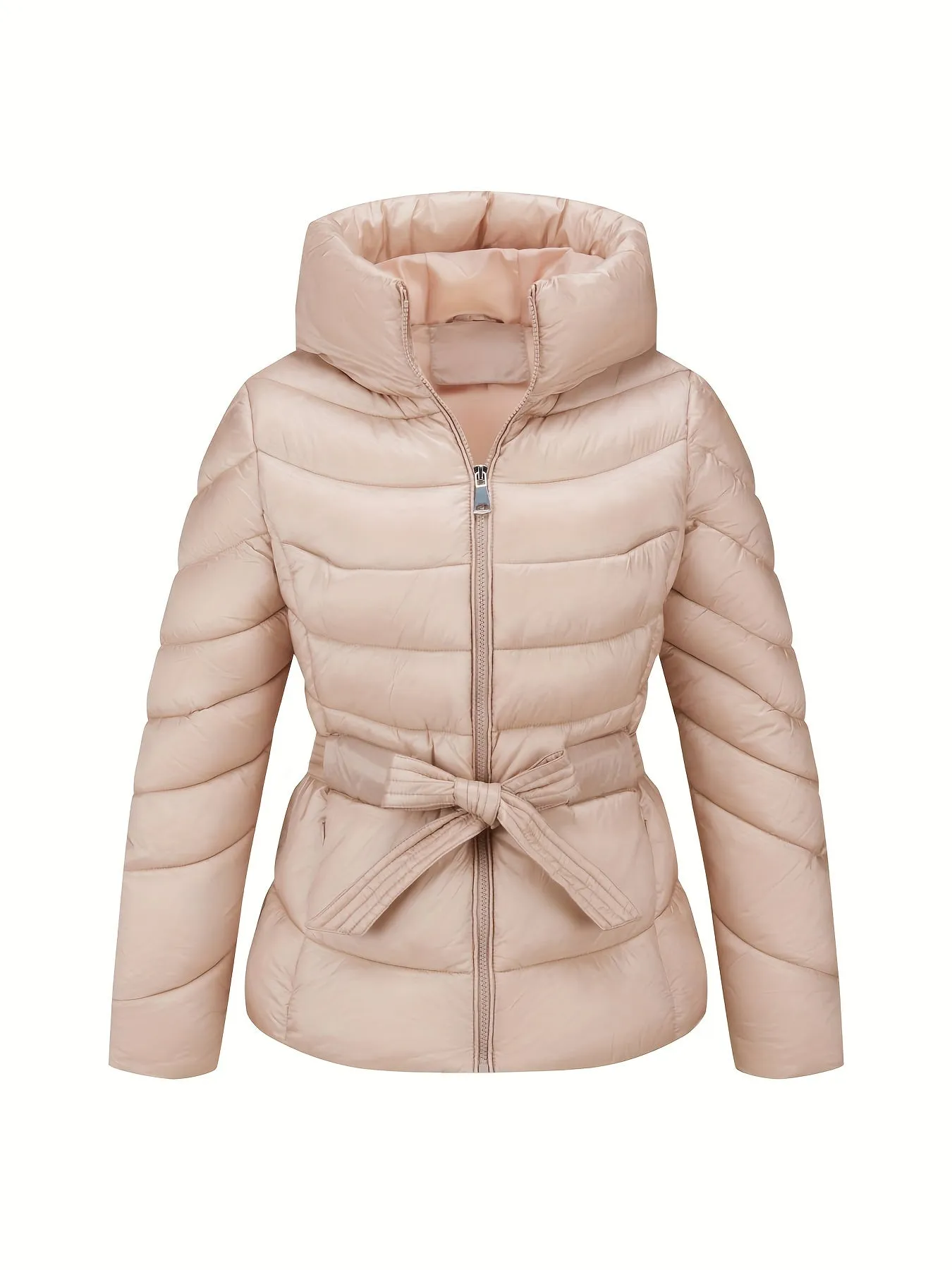 Zip-up Stand Collar Puffy Coat, Casual Long Sleeve Belted Insulated Coat For Winter, Women's Clothing